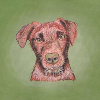 Martin Patterdale aka 'Stick Monster' A painting of a Patterdale Terrier bronzed on green background