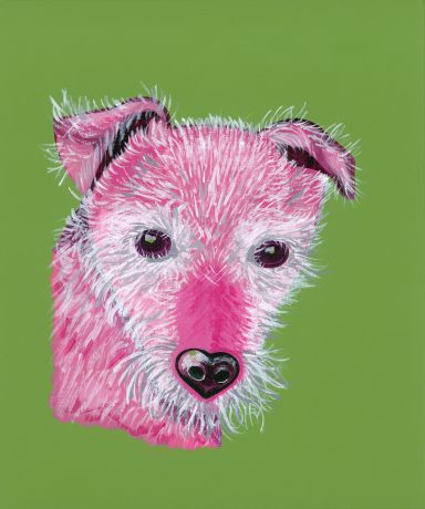 Pink Zed My Patterdale Terrier Pink Patterdale Terrier on a Pea Green Background, in acrylic paint.