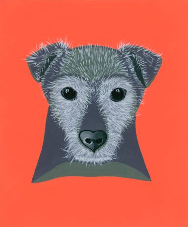 Old Zed, a Patterdale Terrier Brightened by Orange A painting of a Purple Zed on a Neon Orange Background