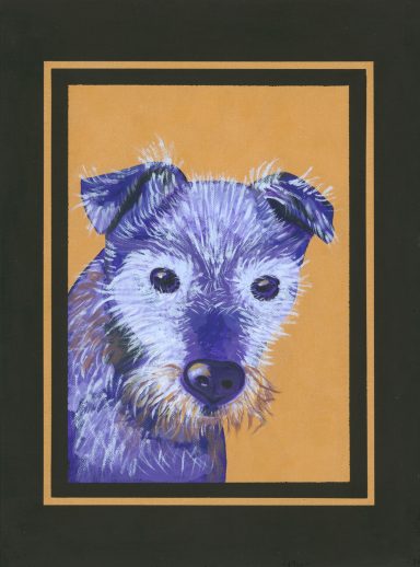 My Prince in Purple Acrylic Painting in a Pop Art Style of a Patterdale Terrier called Zed, in Purple and Gold